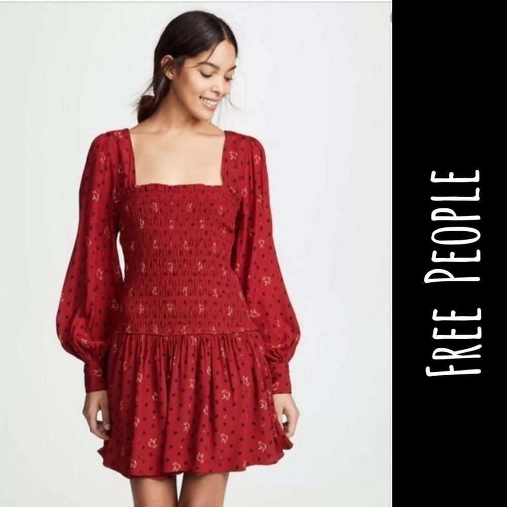 Free People Ruby Red Floral Mini Long Sleeve Dress